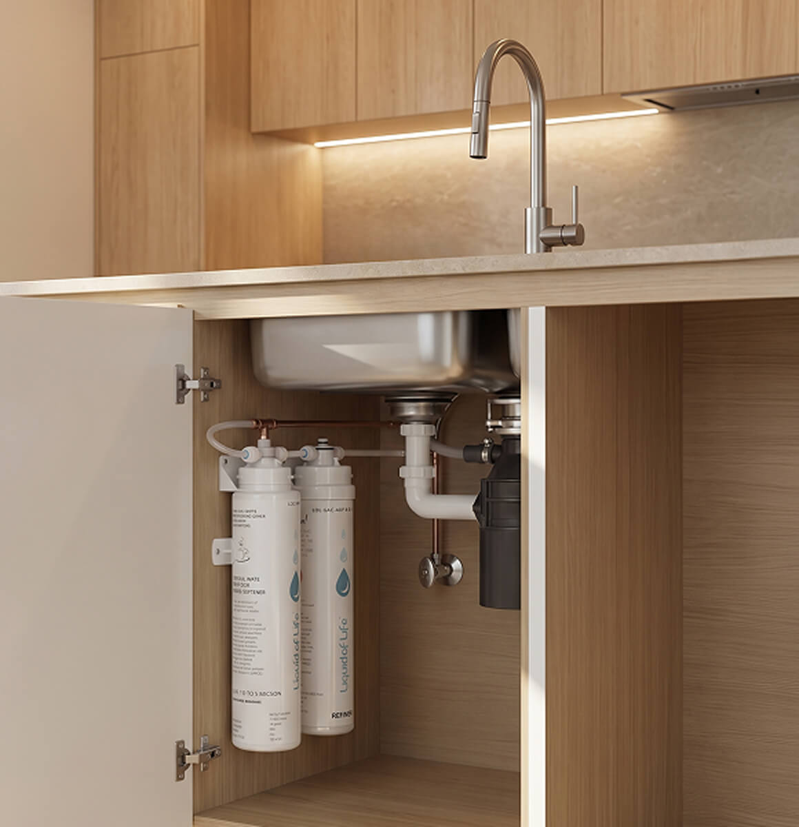 Under-sink filter system installed in a kitchen cabinet