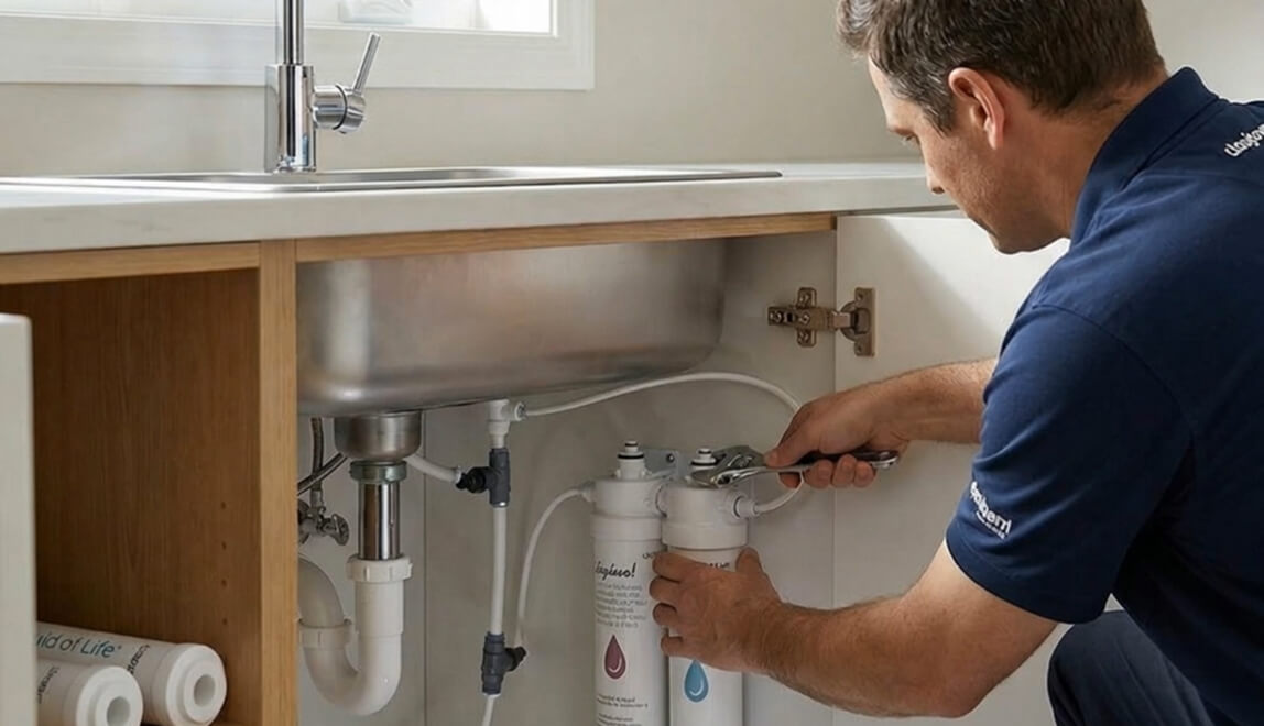 Technician installing the filter under the sink