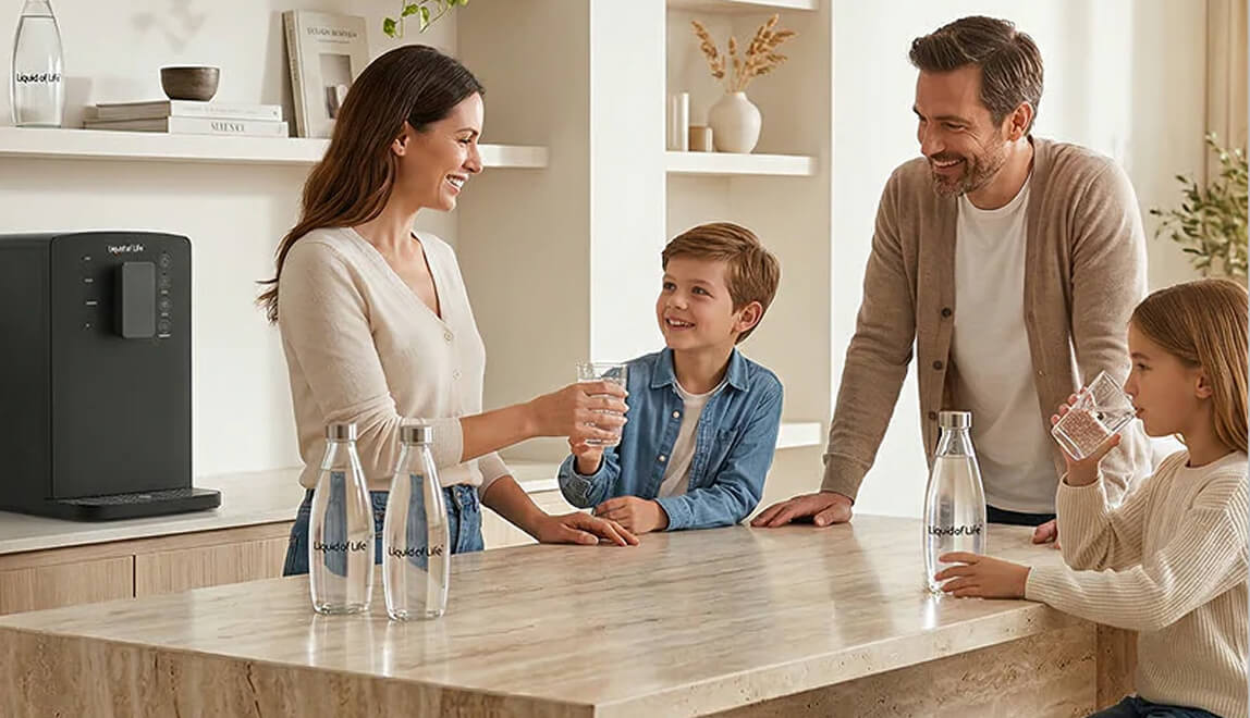 Family in the kitchen with filtered water